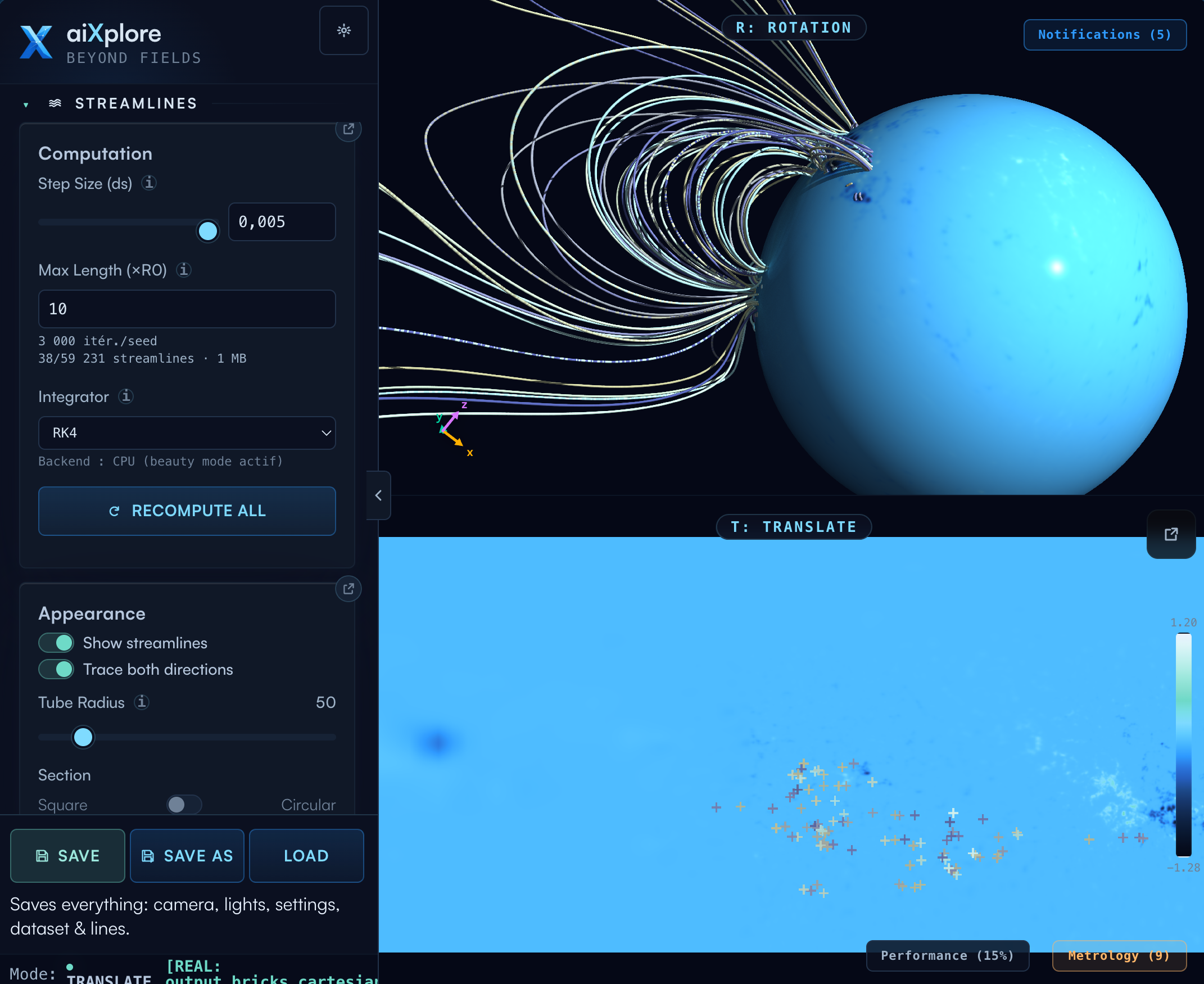 aiXplore interface — 3D magnetic streamlines over a solar surface with computation controls