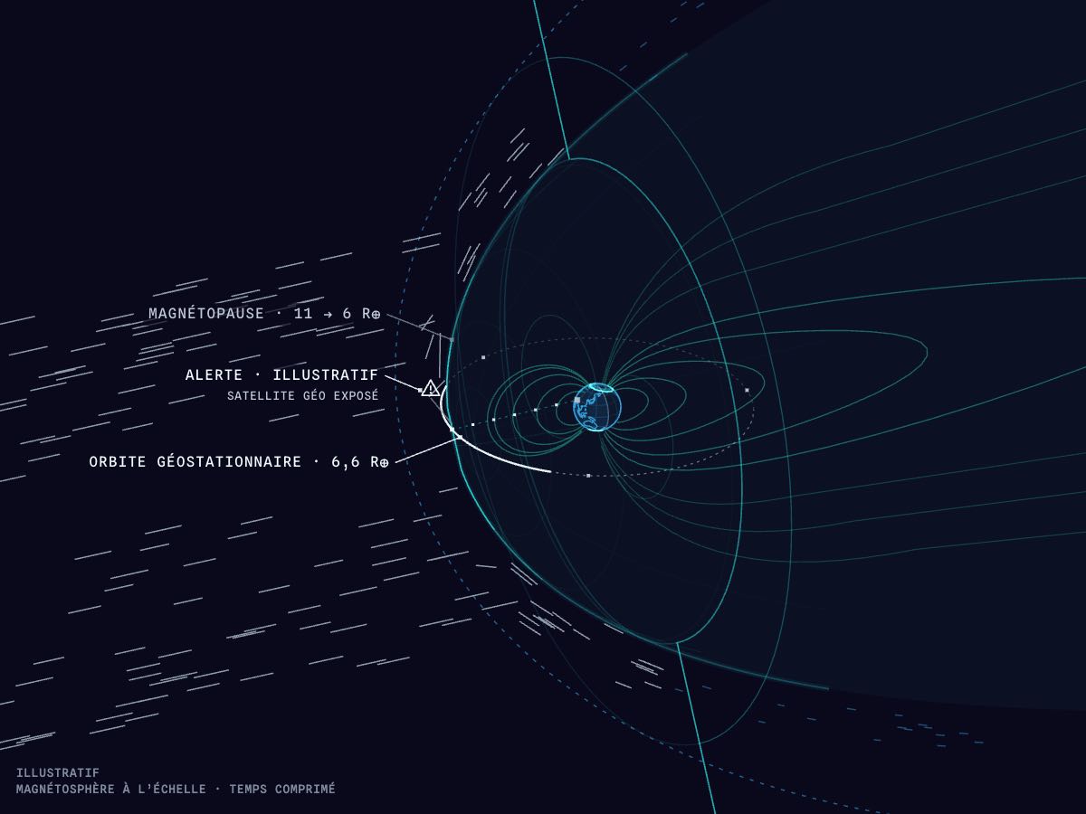 La Terre en 3D et sa magnétosphère : le choc de l’EMC comprime la magnétopause côté jour sous l’orbite géostationnaire.