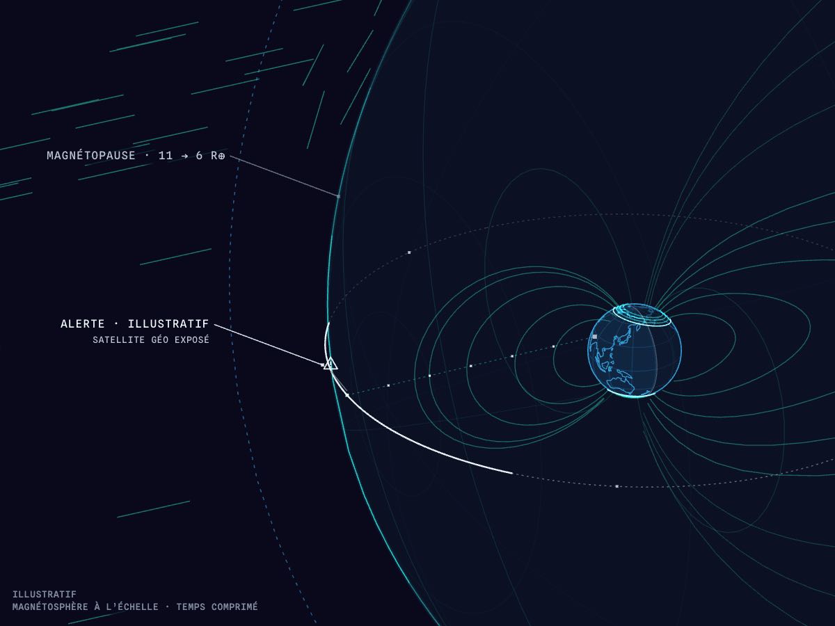 Vue rapprochée de l’orbite géostationnaire : son arc de midi est hors de la magnétopause comprimée ; le satellite qui s’y trouve est signalé par un pictogramme d’alerte illustratif, et l’ovale auroral s’est étendu.