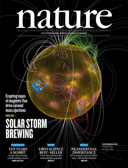 Couverture de Nature du 23 octobre 2014 : « Solar storm brewing »