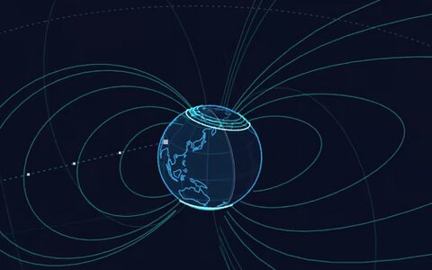Illustration : la Terre, les lignes de son champ magnétique et l’orbite en pointillés d’un satellite