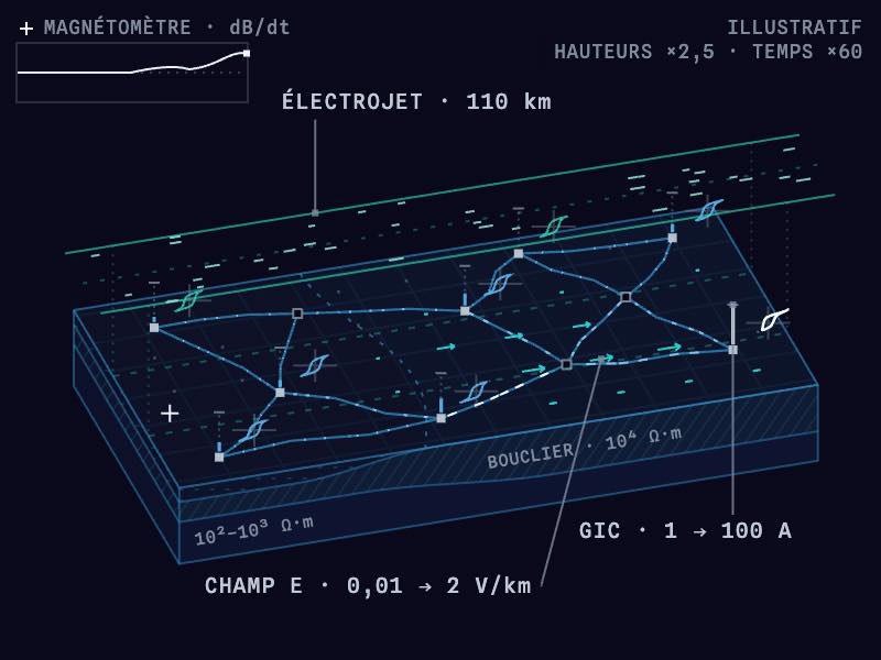 Illustration : un électrojet auroral induit un champ électrique dans le sol et des courants dans un réseau électrique générique